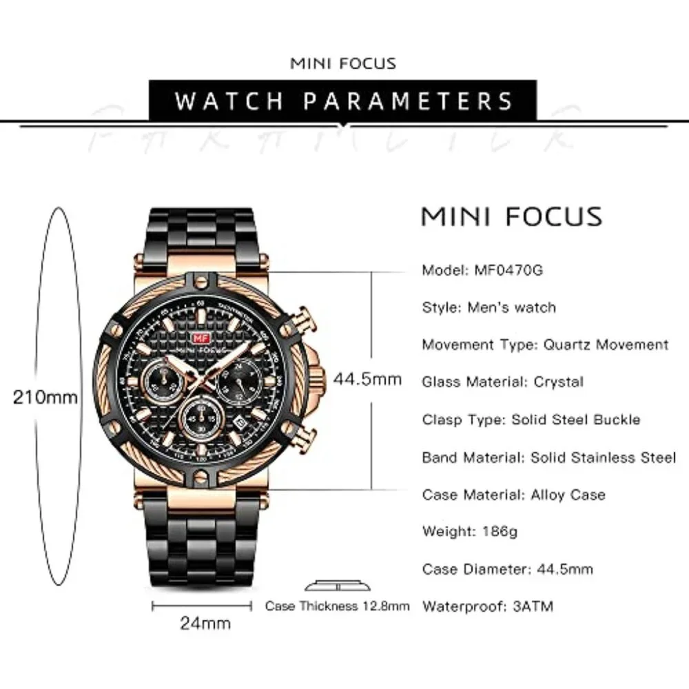 Stainless Steel Chronograph Watch with Luminous Hands, Water Resistant